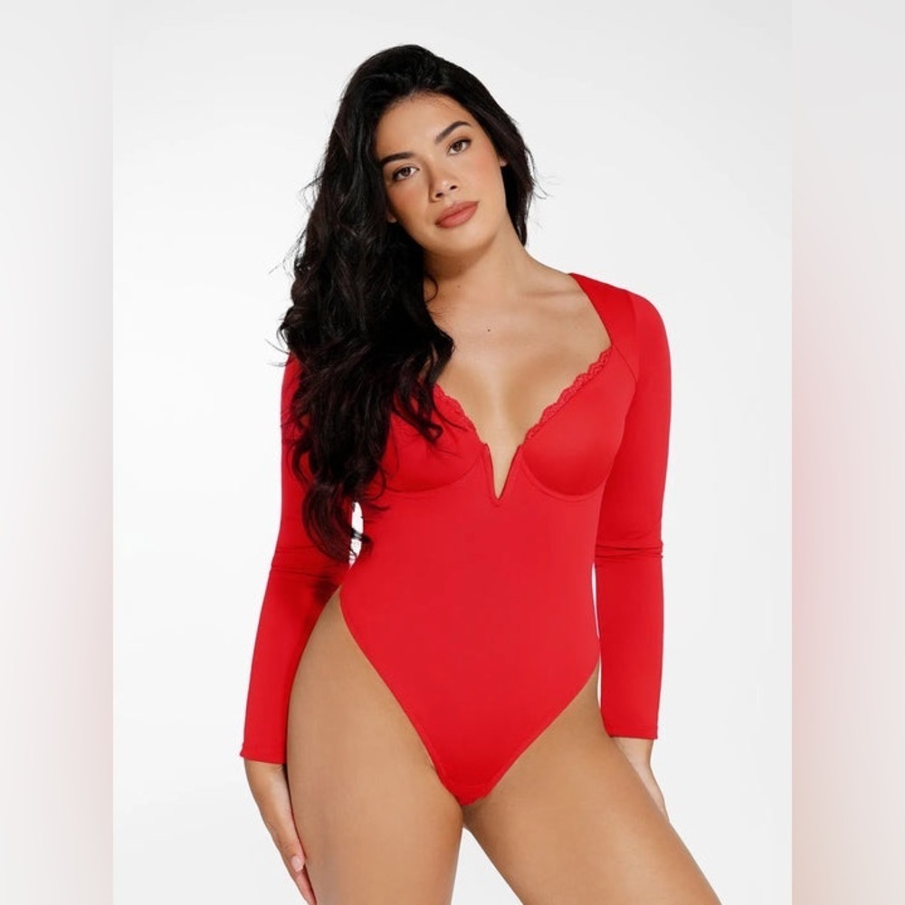 Popilush Shapewear Long Sleeve Lace Trim V-Neck Bodysuit Sz M/4-6 Red Coquette